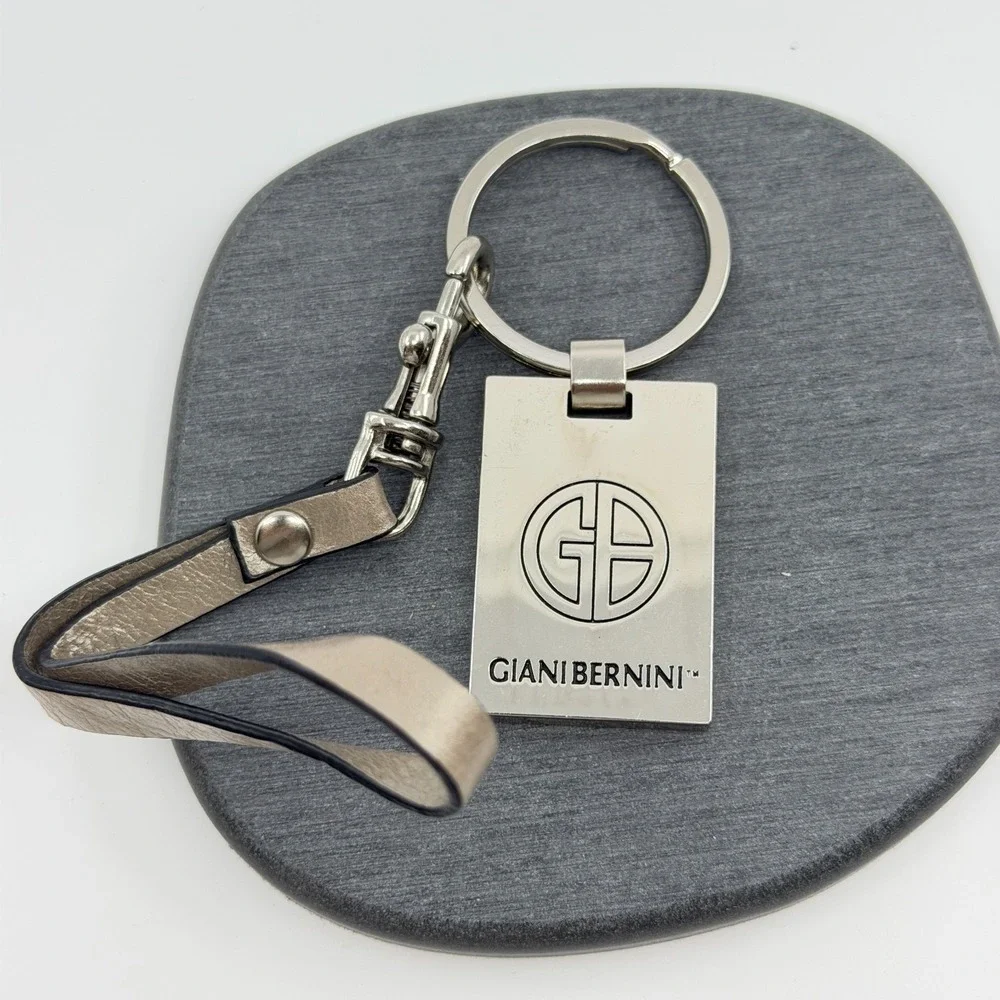 Giani Bernini Silver Tone Logo Keychain Taupe Wristlet Strap Purse Bag Charm